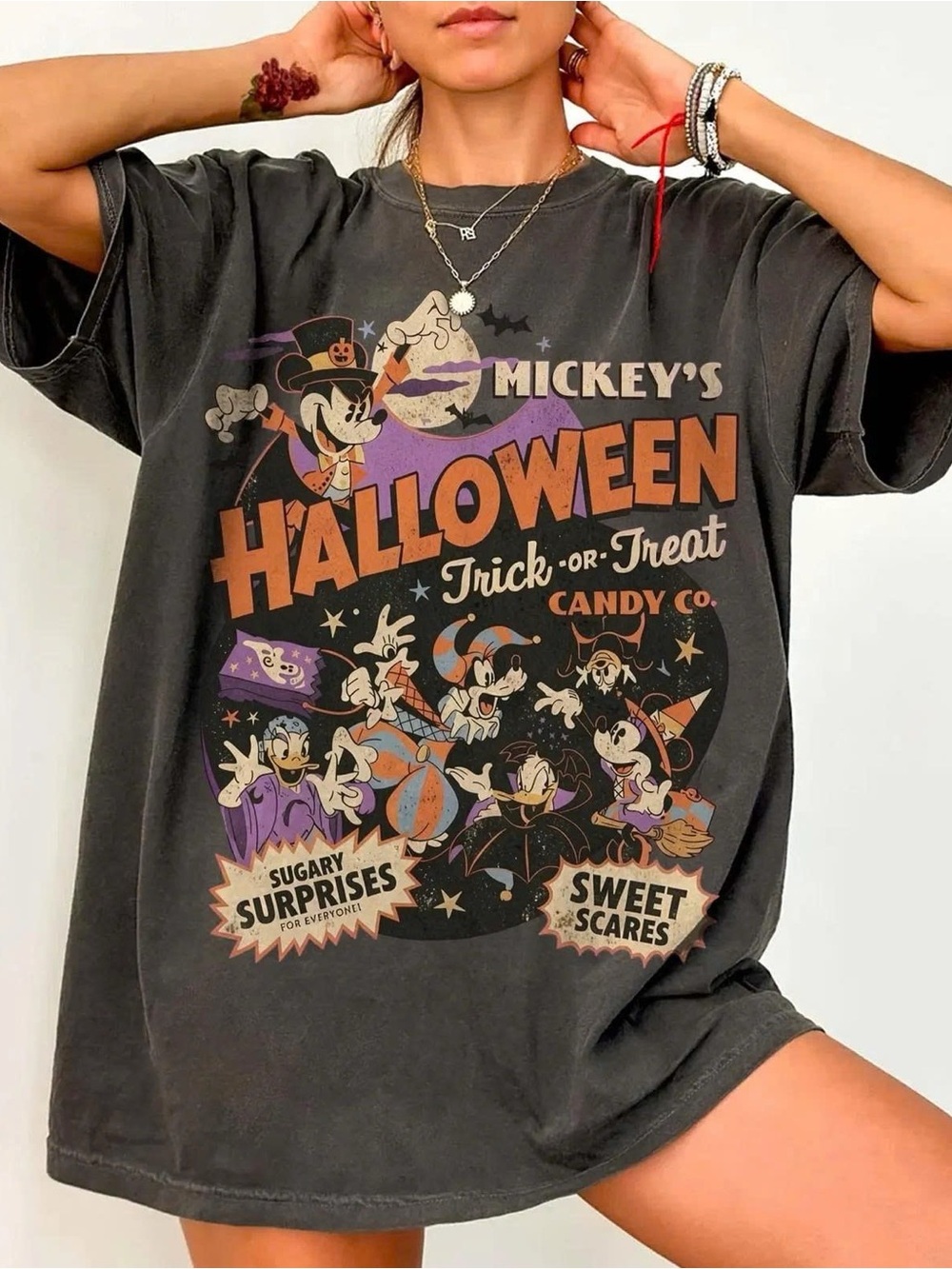 Black Mickey Halloween Graphic Tee with Orange & Purple